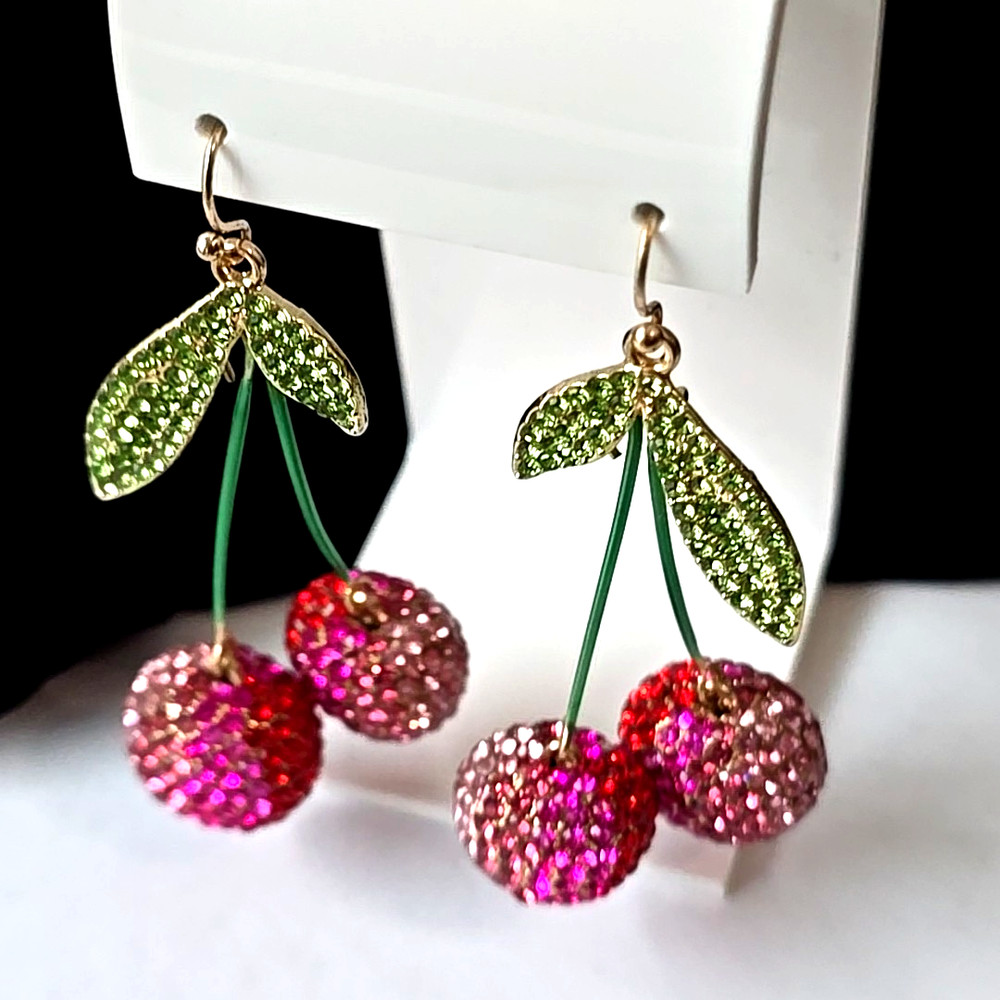 Fashion Dangle Colorful Glass Rhinestones Cherries Hook Earrings