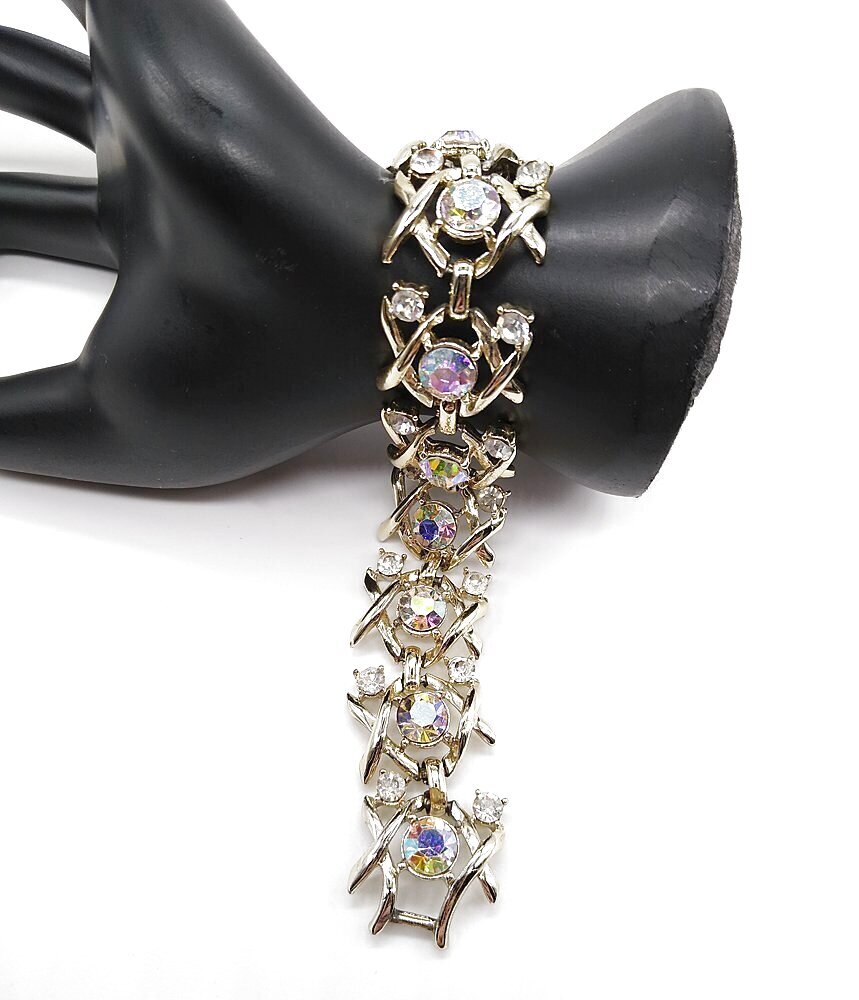 Vintage Coro Clear & AB Rhinestone Gold Tone Bracelet