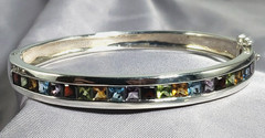 STERLING SILVER HINGED Bangle BRACELET MULTI-COLOR GEMSTONES Size 7″