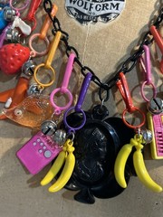 Vintage 80s Bell Clip Charms On Plastic Cameo Necklace Chain Black Nice Lot Rare