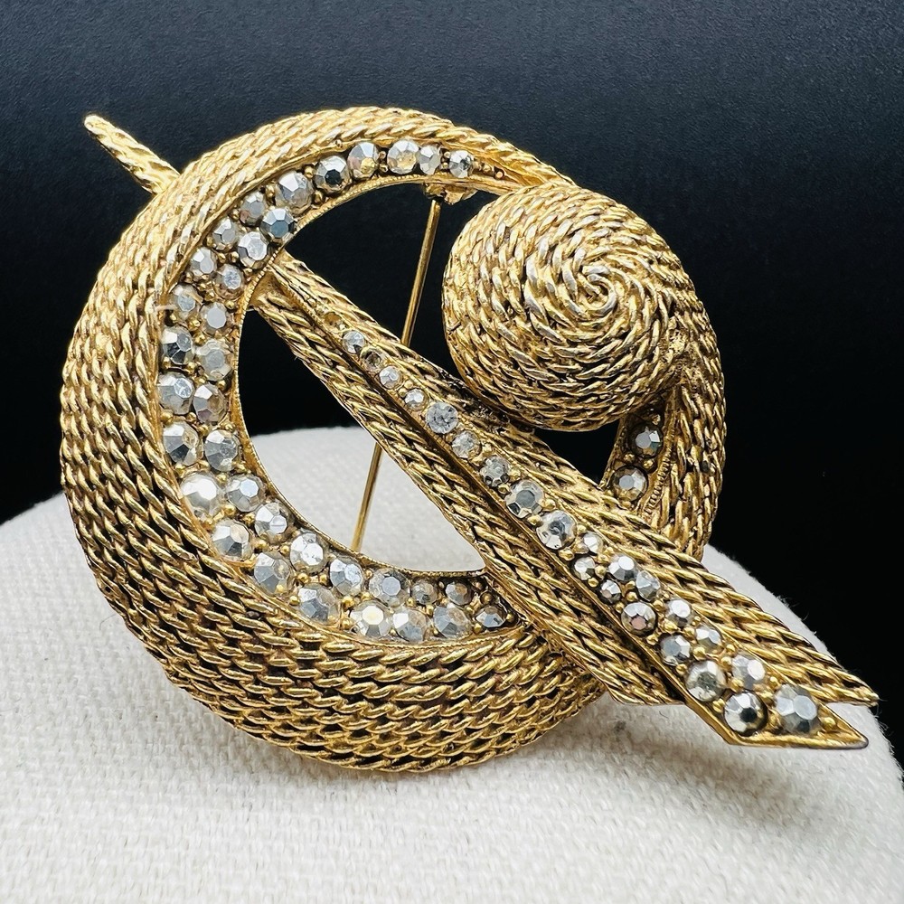 Florenza Vintage Gold Tone Rhinestone Orbit Swirl Brooch Textured 3” Modernist