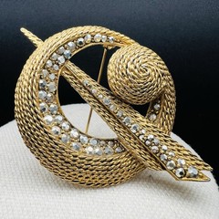 Florenza Vintage Gold Tone Rhinestone Orbit Swirl Brooch Textured 3” Modernist