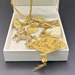 Custom Vintage Estate Assemblage Necklace & Charms: Buddha, Fan, in Mixed Metals