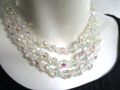 Vintage Prism Cut AB Austrian Crystal Three Strand Necklace 17″ Ornate Catch