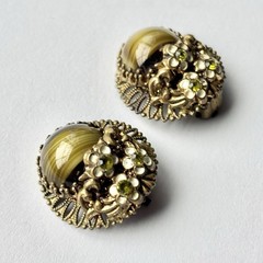 Green Porphyry Glass Cabochon Brass West Germany Vintage Clip On Earrings