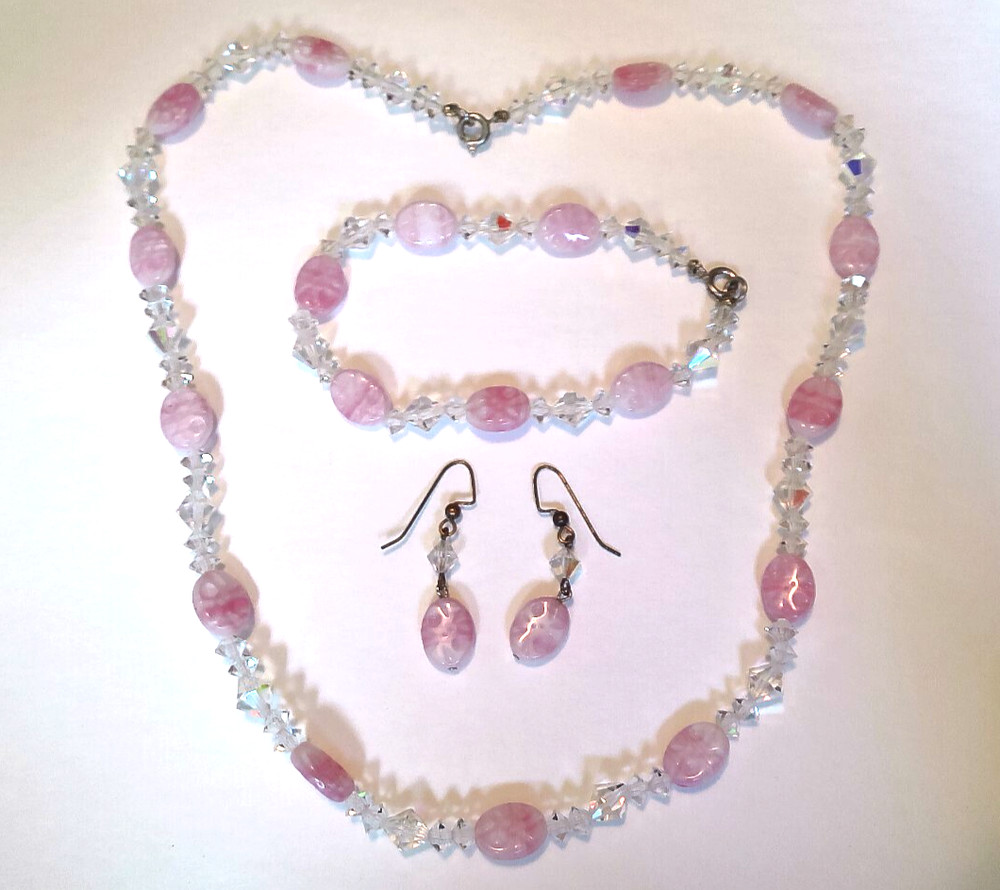 Pretty Pink and Clear Glass Bead Necklace, Earrings, and Bracelet Set, 1990-2000