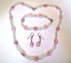 Pretty Pink and Clear Glass Bead Necklace, Earrings, and Bracelet Set, 1990-2000
