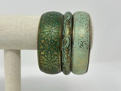 Boho Vintage Style Teal Green Embossed Brass Bangle Bracelet Mixed Set (3) Stack