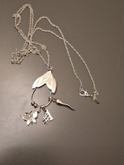 Vtg Monet Charm Necklace Silvertone+3 Charms+Beaded Spacers Signed 30″ 1980’s