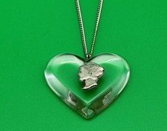 Vintage Mercury Dime Lucite Heart Necklace Sterling Silver 18” Chain Sweetheart