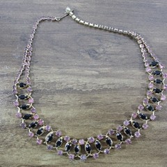 Vintage Rhinestone Necklace Purple Black Gold Tone Choker Collar 15 Inch