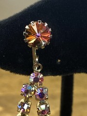 Vtg 1960s Watermelon Glass Rivoli & AB Rhinestone Clip On Dangle Earrings 2”