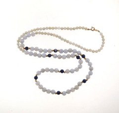 Chalcedony Lace Agate and Lapis Graduated Bead Necklace 26 in Gold filled