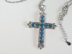 Vintage Sterling Silver 925 Heated London Blue Topaz Cross Pendant Necklace