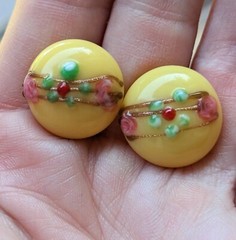 Vintage JAPAN Yellow ¾” Button CLIP Floral Glass Lampwork EARRINGS Screw Back