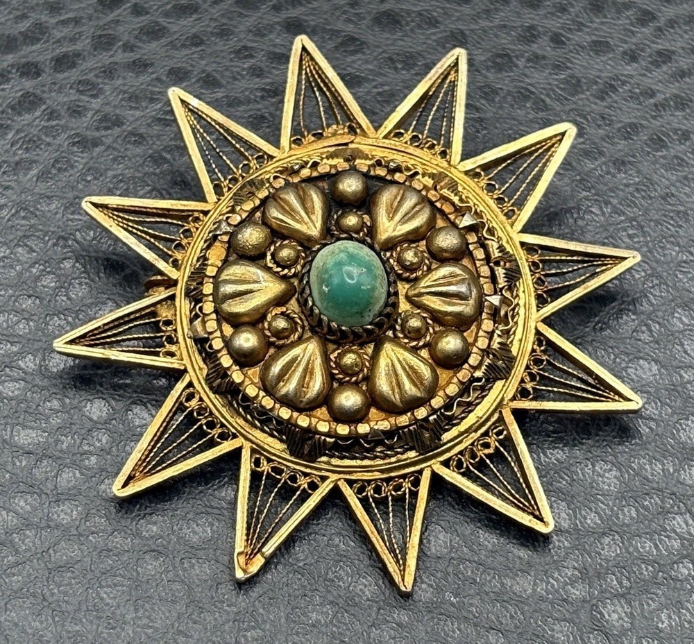 VTG 800 Silver Large 2+” Vermeil Ornate Celestial Star Burst Brooch Pendant