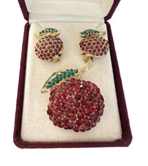 Rare Vintage LA ROCO Gold Tone Red Green Rhinestone Cherry Brooch & Earring Set