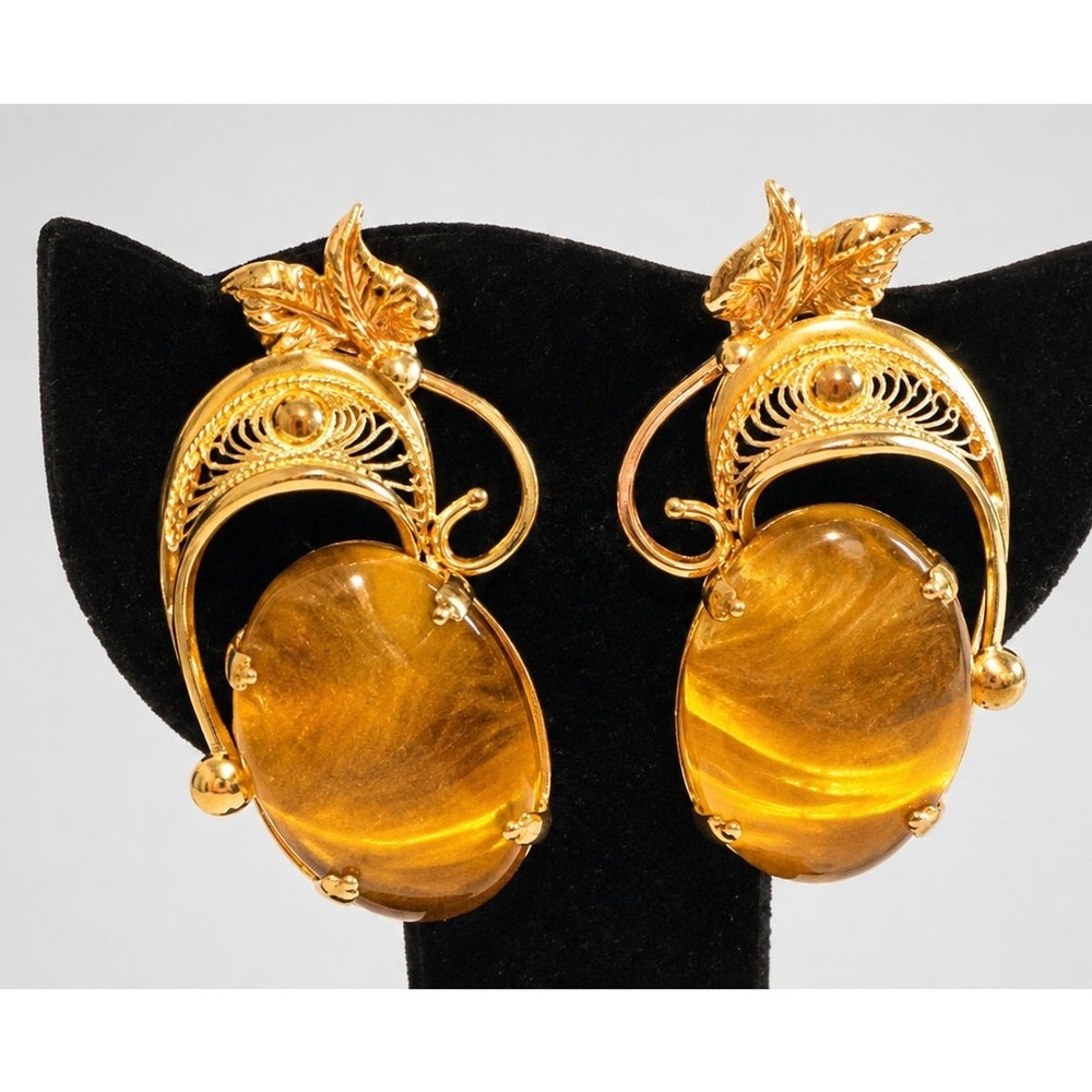 1/20 Gold Filled Tiger Eye Clip-On Earrings Vintage Floral Filigree 1.25″ bc-46