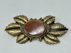 Vintage Goldtone Oval Goldstone Large 3 1/8″ Leaf Pin Brooch