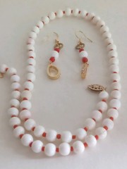 Estate 14K/20 GF Conch Shell White Coral Red Coral Necklace Earrings 30G 18″Long