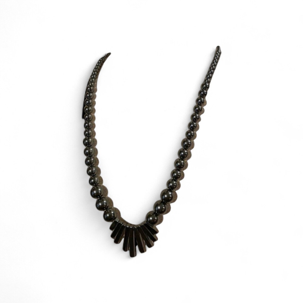 Vtg Art Deco Style Hematite Fringe Statement Necklace 30″ Whimsigoth Witchy 110g