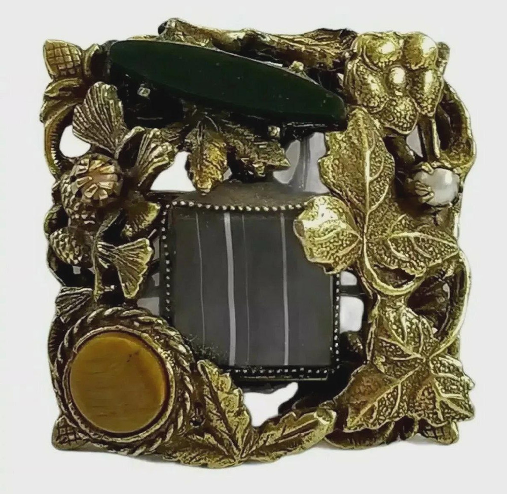 Vintage Assemblage Style Gemstone Bold Brooch Tigers Eye Pearl Banded Agate