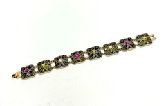 Monet Filigree Panel Bracelet 7″ Multi Color Stones Fold Over Clasp Vintage