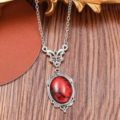 Vintage Red Stone Pendant Necklace Silver Ox Oval Boho Jewelry for Women