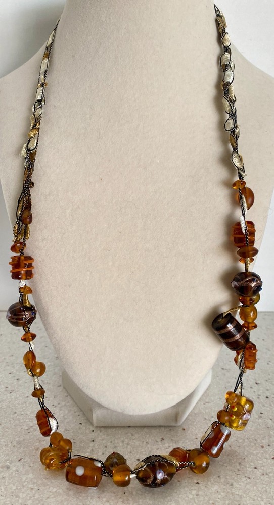 Vintage Amber Color Glass Bead Necklace on Silk Strand Hand Made 24″ Statement