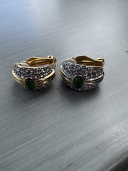 Vintage 80s 90s Gold-Tone Green and Rhinestone Hoop Clip Earrings