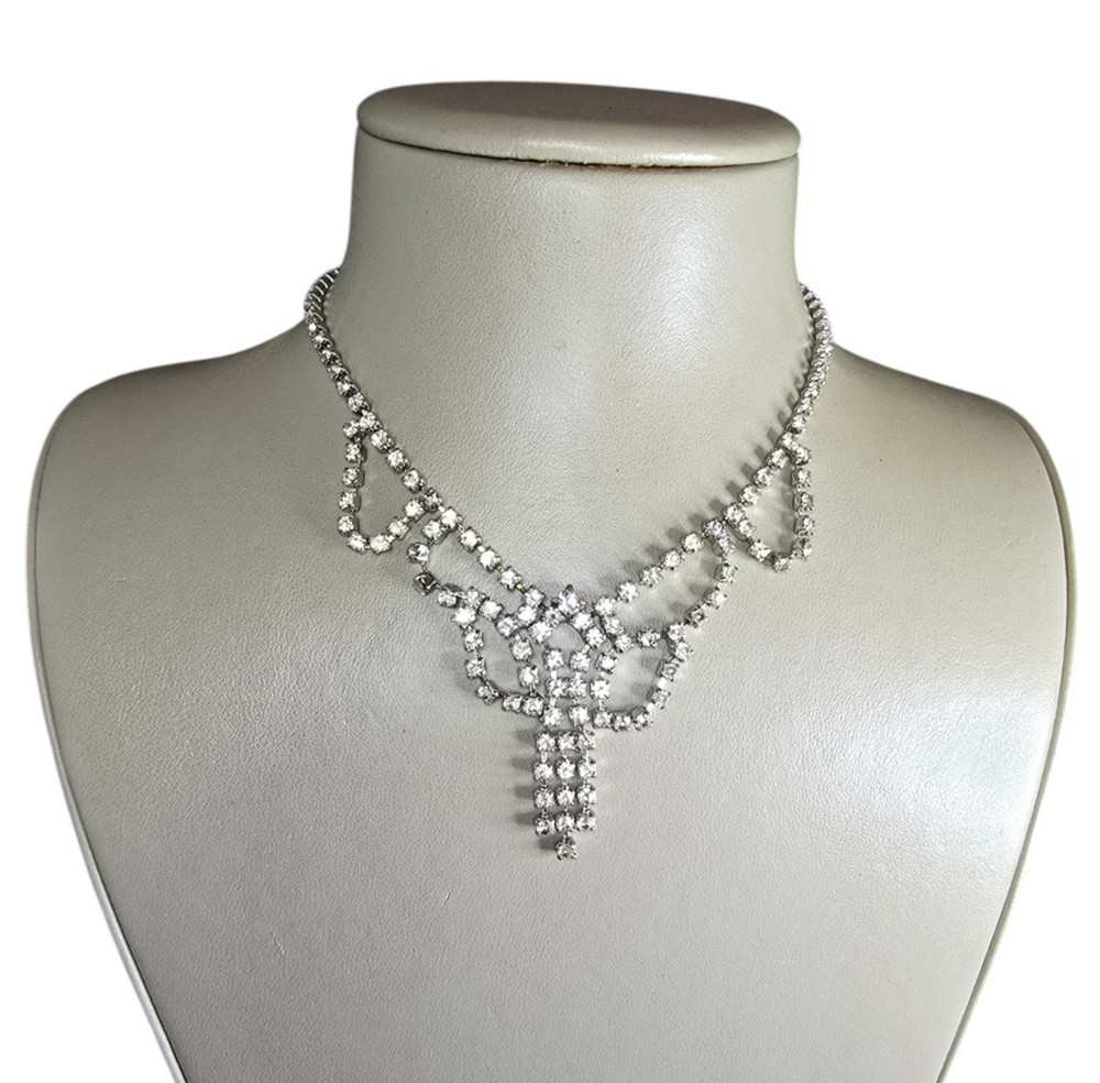 Vintage Silver Tone Rhinestone Choker Necklace 14″ L
