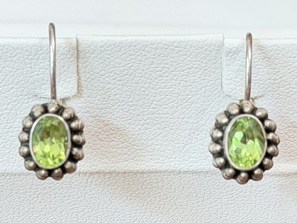 VTG FAS 925 Silver Earrings W/ Faceted Oval Cut Peridot Gemstone & Beaded Edge