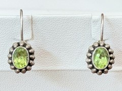 VTG FAS 925 Silver Earrings W/ Faceted Oval Cut Peridot Gemstone & Beaded Edge