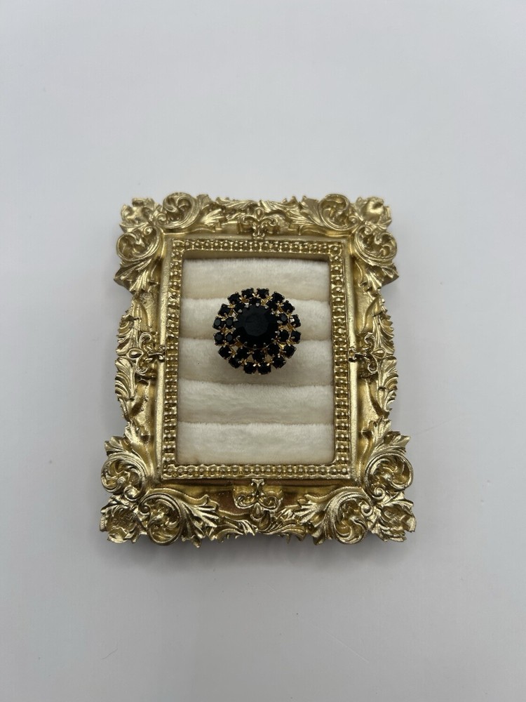 Vintage Black Rhinestone Dome Cocktail Ring Adjustable Size 6.5 Gold Tone