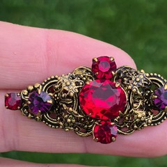 Antique Brooch Czech Glass Brass Filigree Pin Ruby Red Purple Czechoslovakia