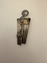 Vintage Lynda Thorpe Signed Mixed Metals & Stone Modernist Brooch Pin 1996