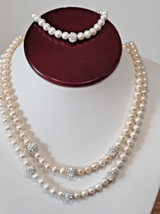 Vintage Sterling Silver Cultured Pearl Crystal Rondelle Necklaces Bonus Bracelet