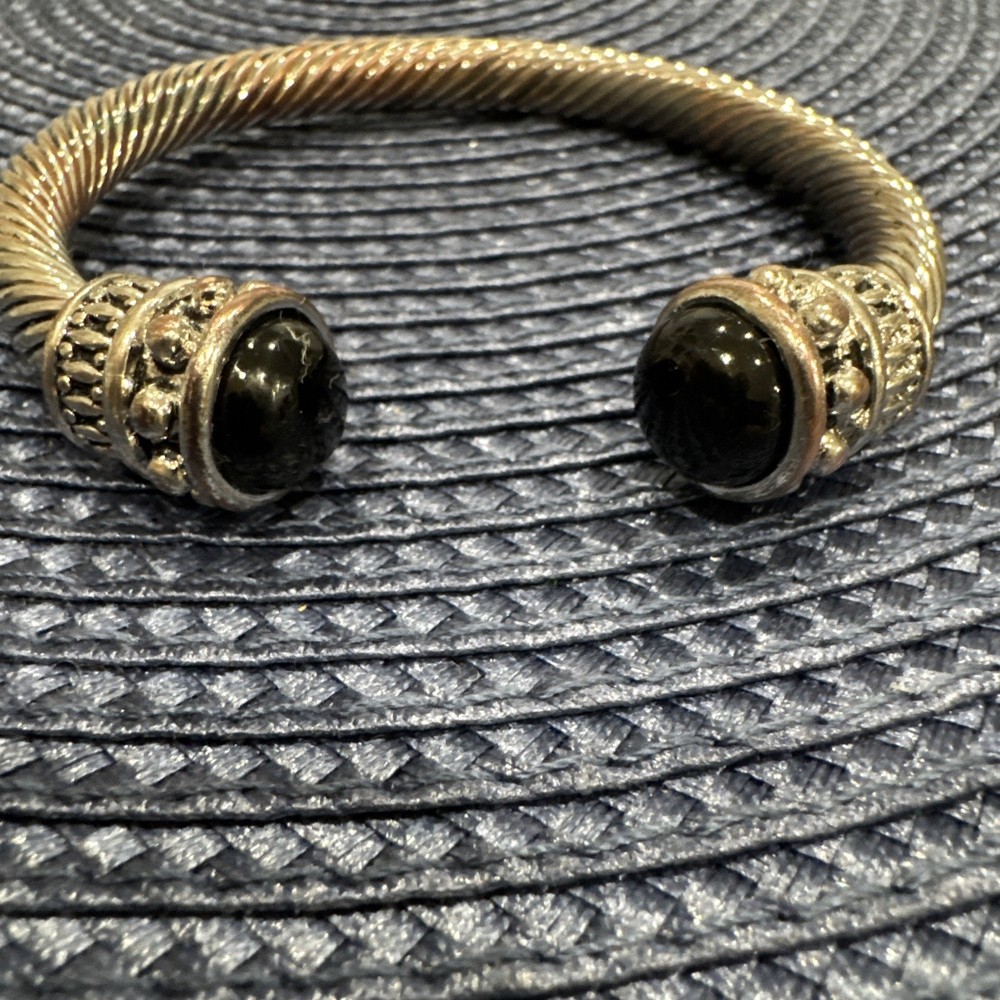 Vintage Silver Tone Twisted Cable Cuff Bracelet Black Cabochon
