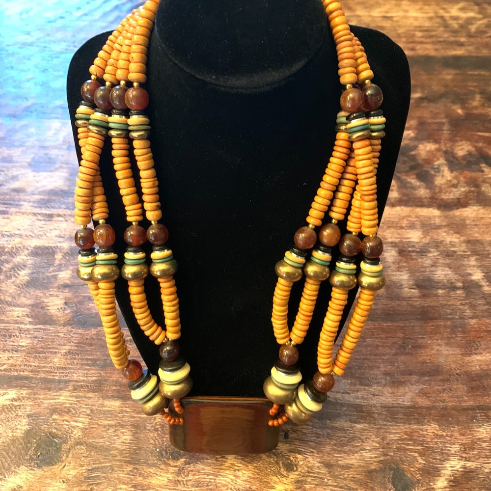 Vintage Tibetan tribal-style necklace. Fruitwood Golden Horn Bone. 21″