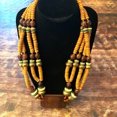Vintage Tibetan tribal-style necklace. Fruitwood Golden Horn Bone. 21″