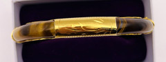 Vintage Asian Style Tiger’s Eye Gold Tone Hinged Bangle Bracelet