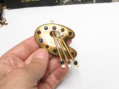 VTG Large ARTIST Palette Brushes BROOCH 1940s Brass RHINESTONE Paint Colors