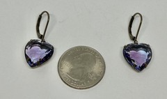 Vintage Upcycled Bi Color Blue & Amethyst Heart Shaped Glass Leverback Earrings