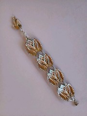 Vtg Leaf Bracelet & Earrings Set W. Germany Silver Tone Lightweight Paved Look