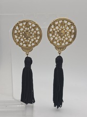 Vintage Textured Goldtone Boho Dangle Earrings With Black Tassles