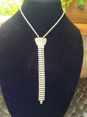 VTG Silvertoned Neck Tie Shaped Necklace Pave Rhinestones 14″ Chain 5.5″Drop