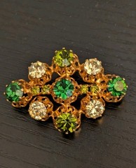 Vintage Made Austria Green Rhinestone Brooch Gold Tone Mid Century
