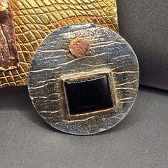 Vintage Kim Modernist Mixed Metals Brooch Copper Brass Silver Black Onyx Pin