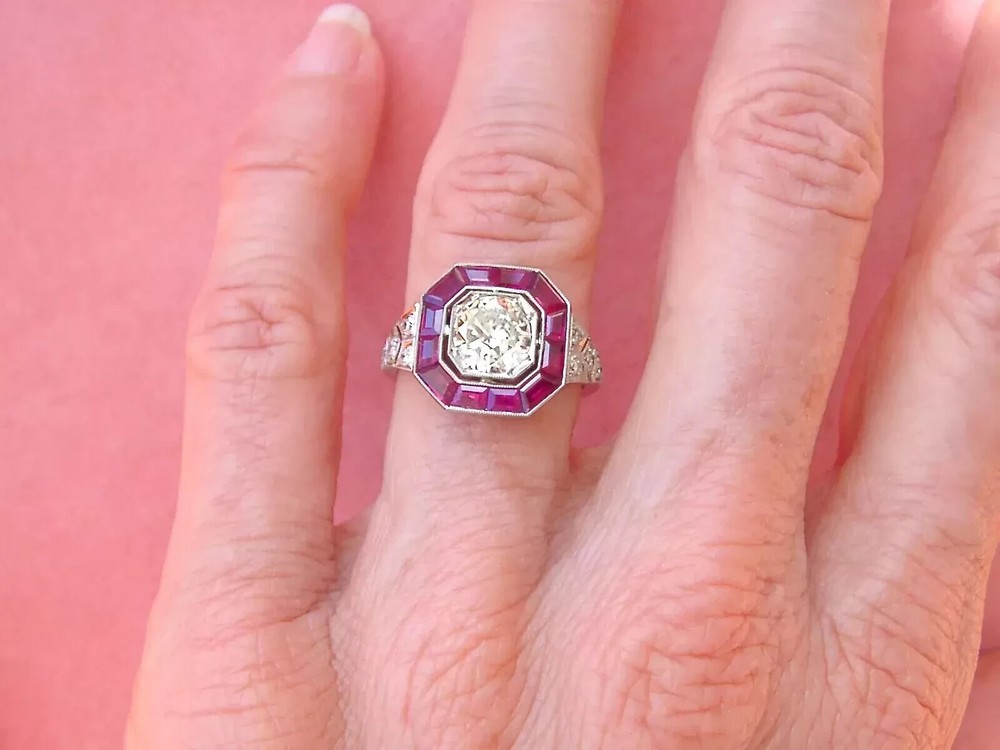 Art Deco Style 2Ct Lab-Created Diamond Ruby Halo Cocktail Ring 14k White Gold FN