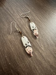 Vintage Ceramic Feather Dangling White Pierced Earrings w/ Painted Bear 2219